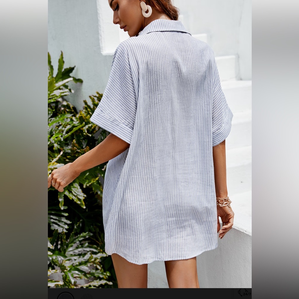 Cupshe Analia Dolman Sleeve Stripe Shirt Collar Oversize Dress - Picture 4 of 8